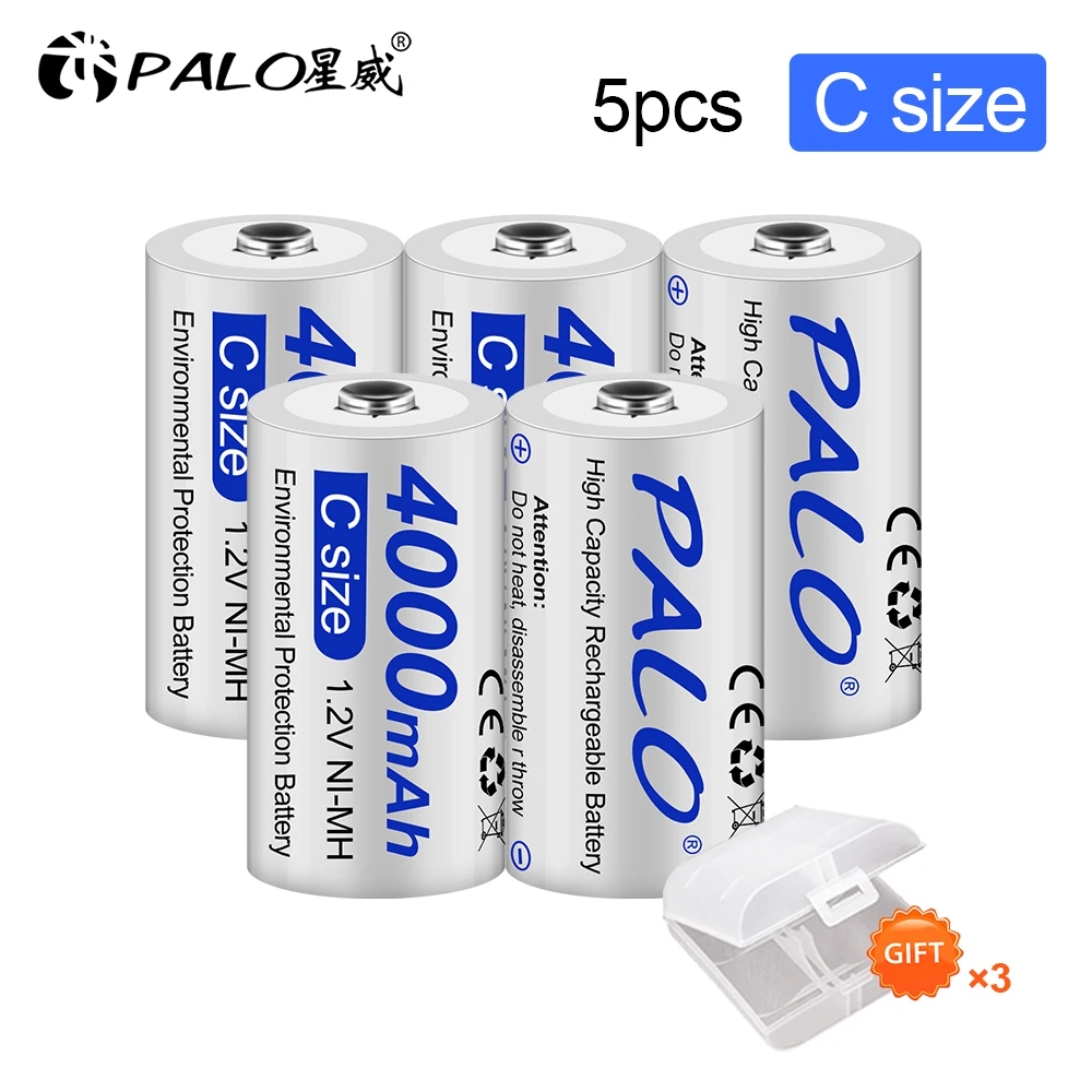 PALO 1.2V 4000mAh C Cell NI-MH Rechargeable Battery C Size NIMH Batteries + Fast Charging LCD Display Smart Battery Charger