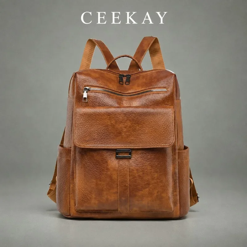 CEEKAY Leather Backpack Front Flap Pocket Top Zip Side Pockets All-Match Daily Wear Spacious Elegant Classic for Women's