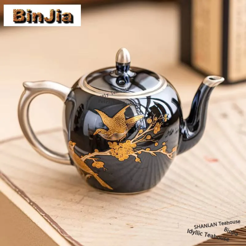 

Высококлассный позолоченный чайник из серебра 180 пробы, 999 мл, чайник в эстетическом стиле с радостными цветами и птицами, чайник, чайные сервисы, аксессуары, украшения