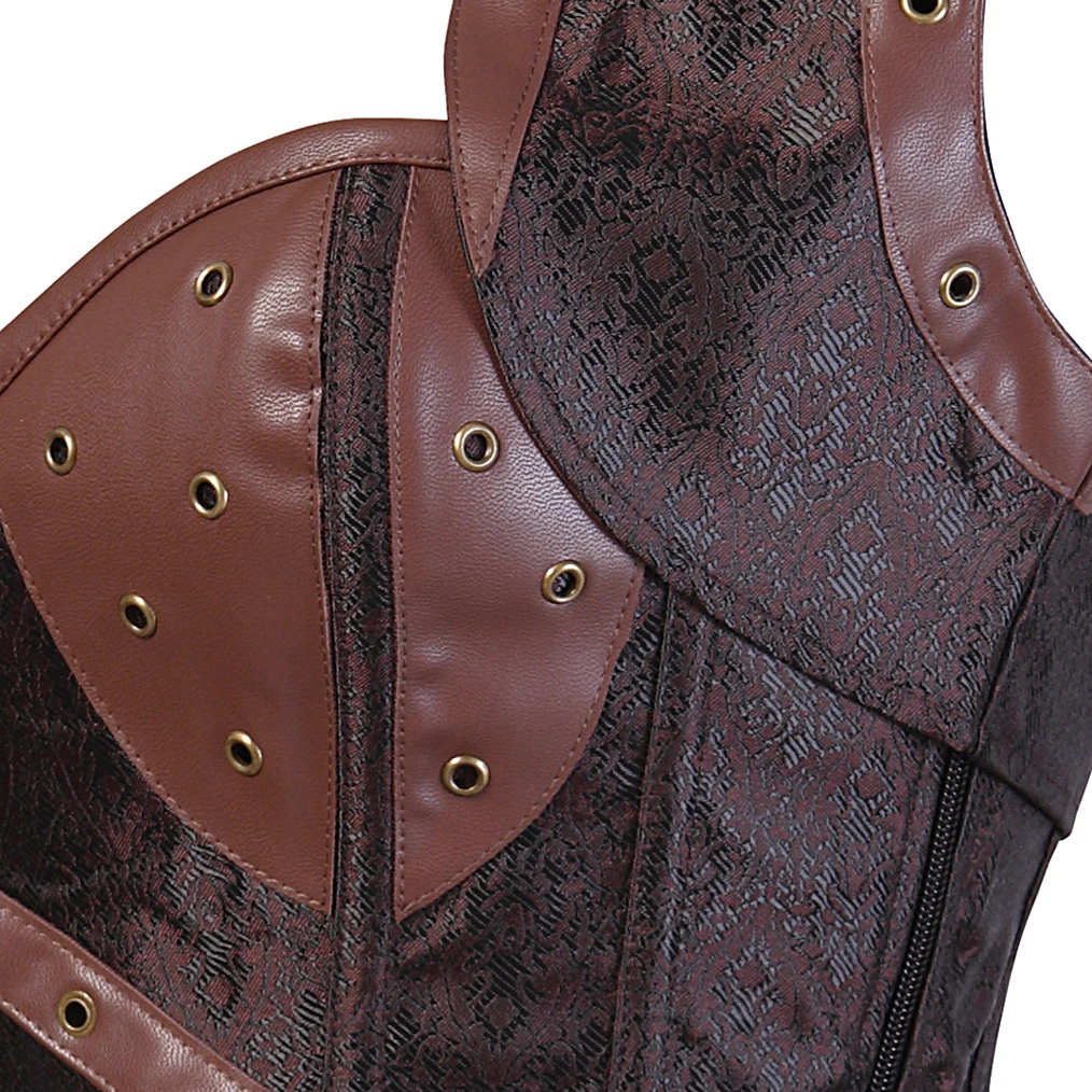 Steampunk Medieval Women Zipper Punk Style Spiral Steel Bone Leather Corset Bustier Top Sexy Gothic Brown Halloween Party Outfit