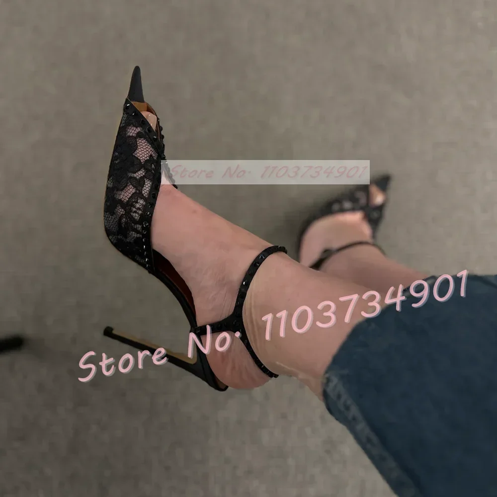 White Flower Lace Crystals Peep Toe Sandals Ladies Pointy Toe Summer Chic Elegant Shoe Fashion Party Casual Stiletto Sandals