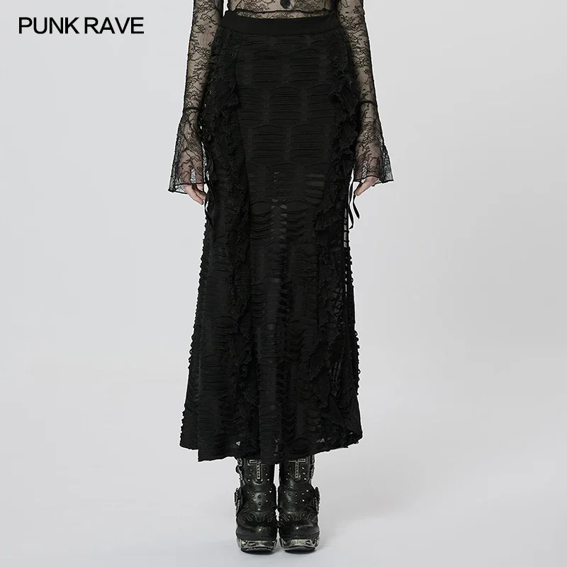 

PUNK RAVE Women's Gothic Gorgeous Wavy 3D Lace Sexy Long Skirt Dark Style Fashion Personality Hollow Out Skirts Women Spring