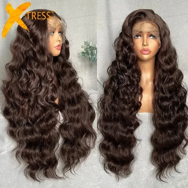 Light brown synthetic lace wigs X-tress super long loose wave 13x4 lace frontal hair wig with baby hair daily fashion new style