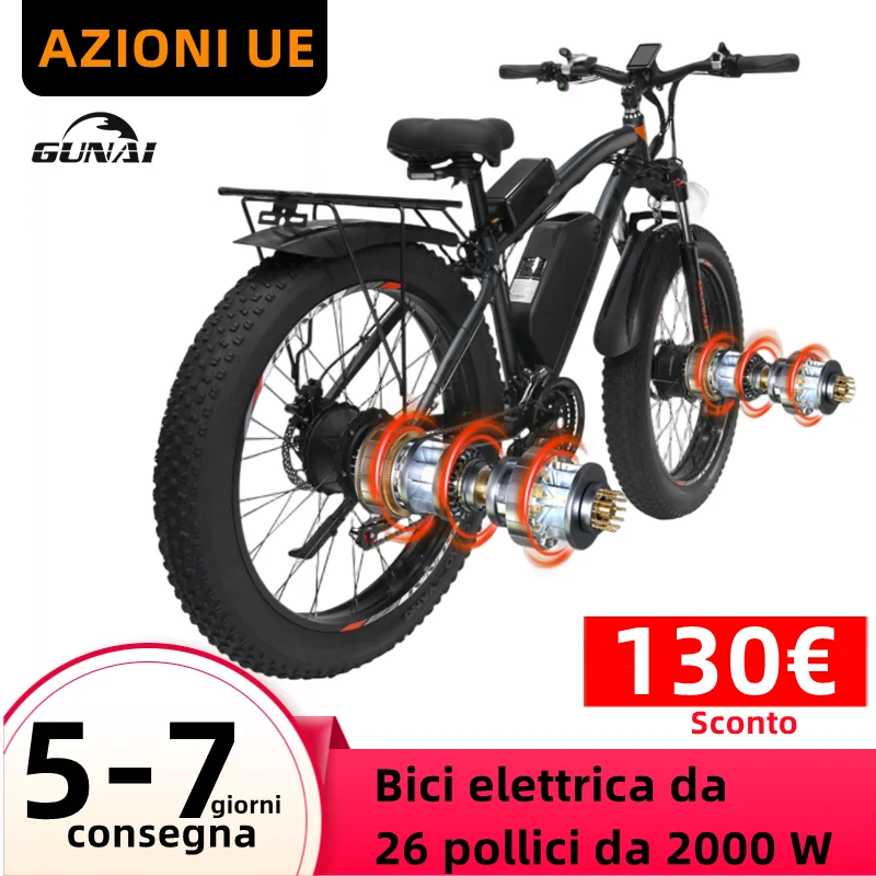 GUNAI 2000W Electric Bicycles Dual Motor, 26Inch Fat Tire 21-speed Electric Bike, 48V 23AH Battery Snow Electric Motorcycle