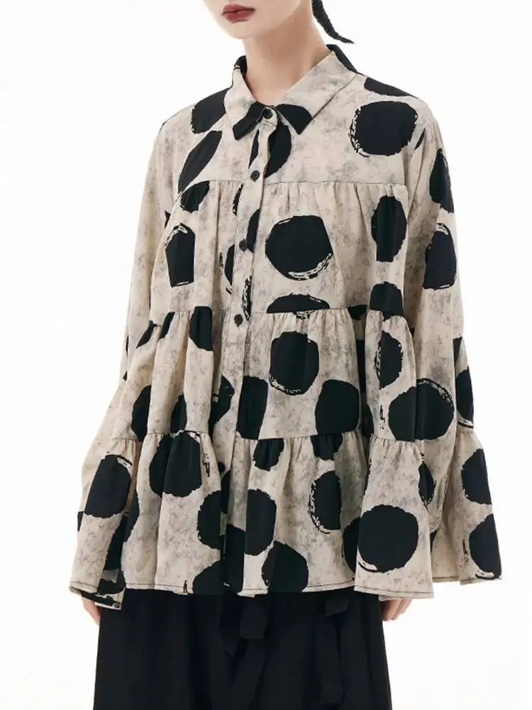 

Women Coffee Dot Printed Big Size Casual Cake Blouse New Lapel Long Sleeve Shirt Fashion Tide Spring Autumn