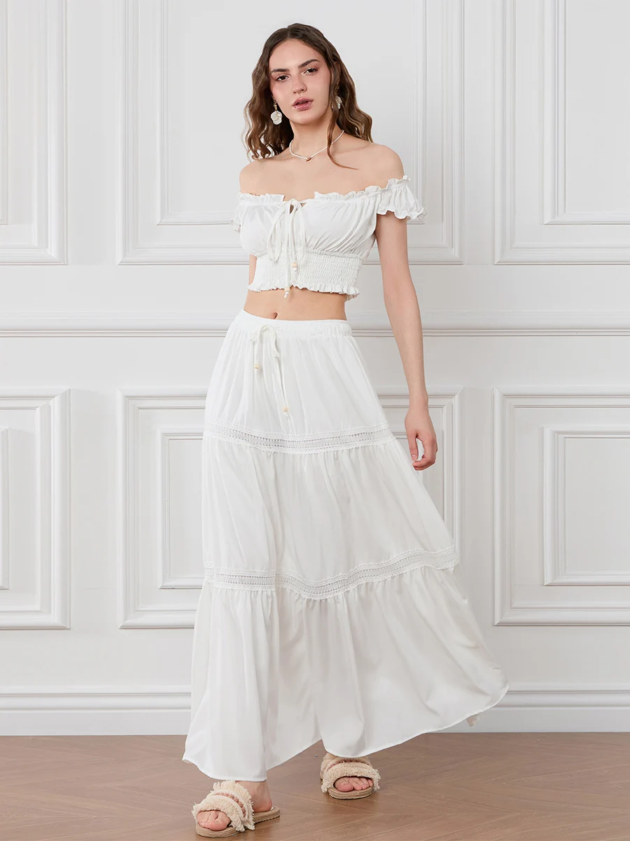 

Women’s Two Piece Summer Outfits Off Shoulder Frill Trim Crop Tops and Long Skirt Set Beachwear