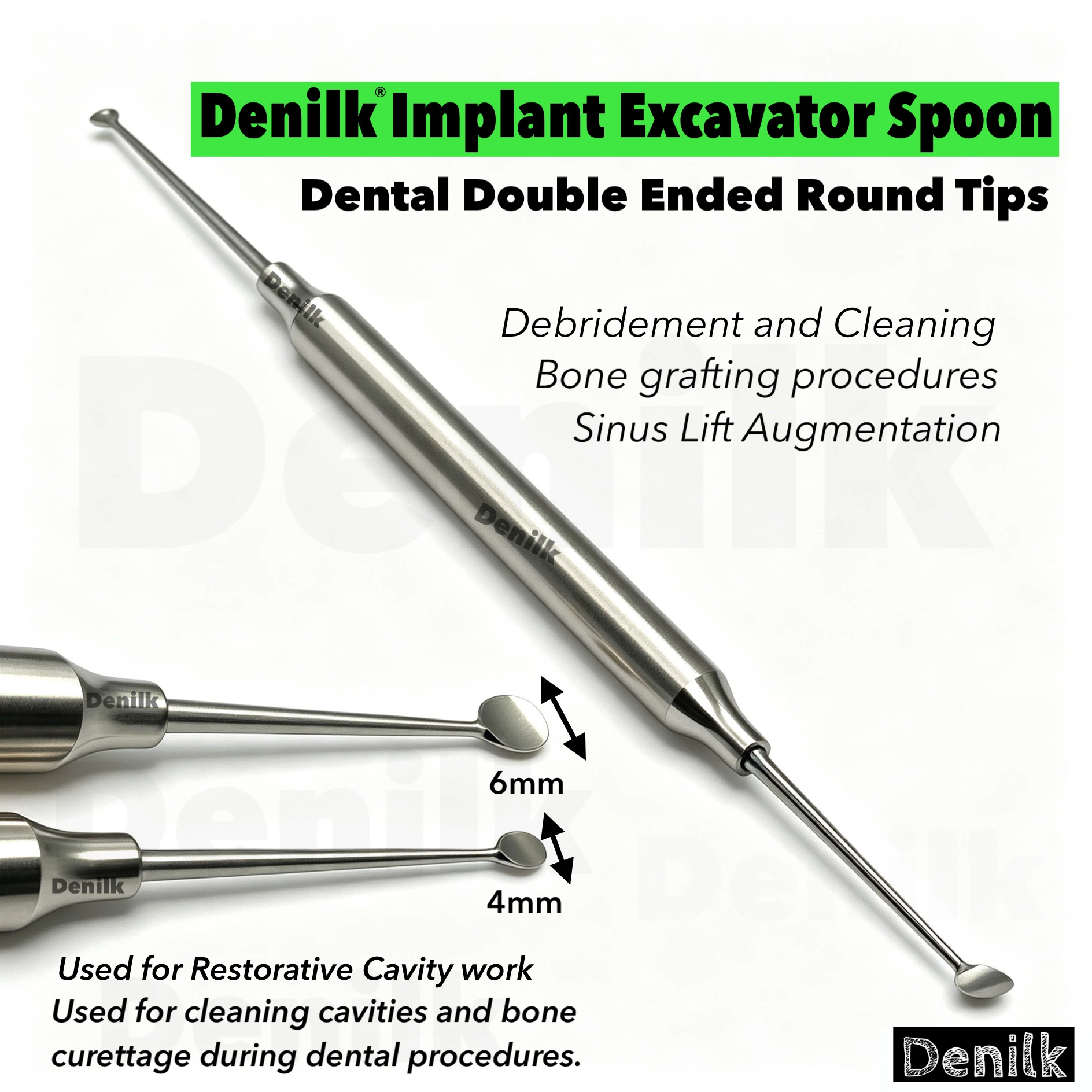 1PCS Dental Implant Stainless Steel Double Ends Surgial Excavator Spoon Dentist Bone Curettes Oral Care Restorative Cavity Tool