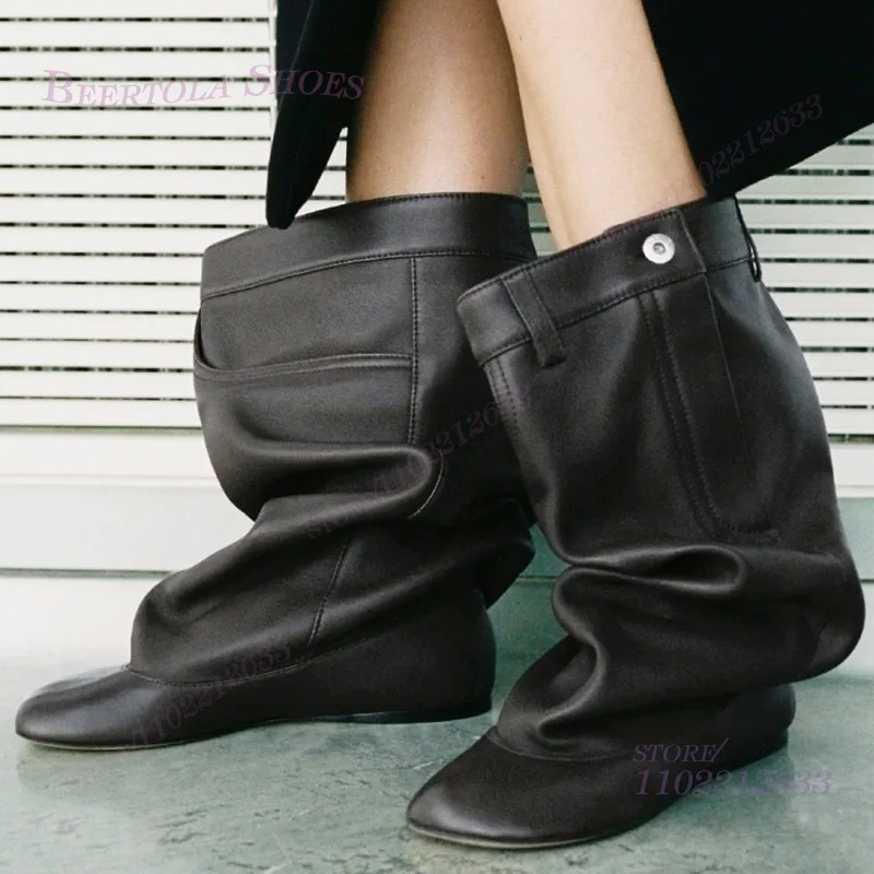 

Loose-Fitting Straight Soft Leather Pleated Boots Women Black Flats Round Toe Button Closure Street Style Cool Girl Club Boots