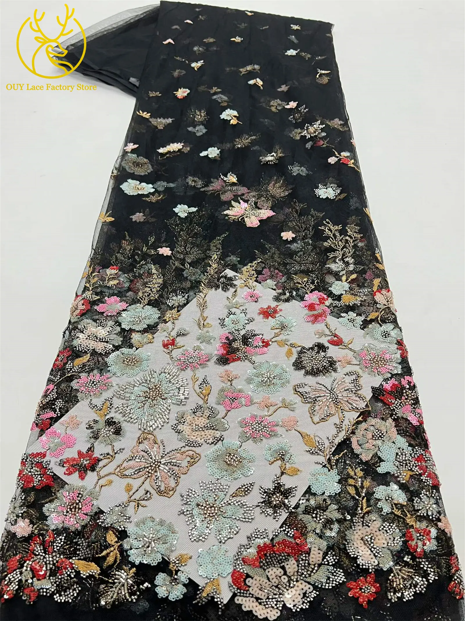 5 Yards afrikanischer handgefertigter bestickter Spitzenstoff, hochwertige französische Pailletten-Tüllspitze, nigerianisch, für Brautkleider – Detail 12