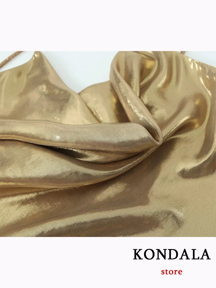 KONDALA Sexy Solid Golden Party Women Dress Sleeveless V-Neck Cami Metal Dress New Fashion 2023 Autumn Evening Night Club Dress