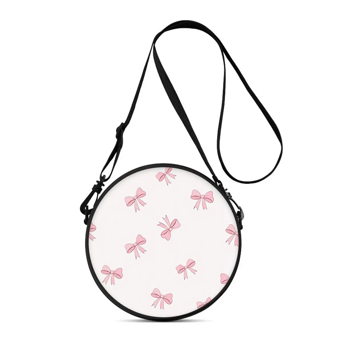 Bow Print Women Round Crossbody Bag Vintage Circle Shoulder Bag Adjustable Strap Travel Messenger Bag Gift