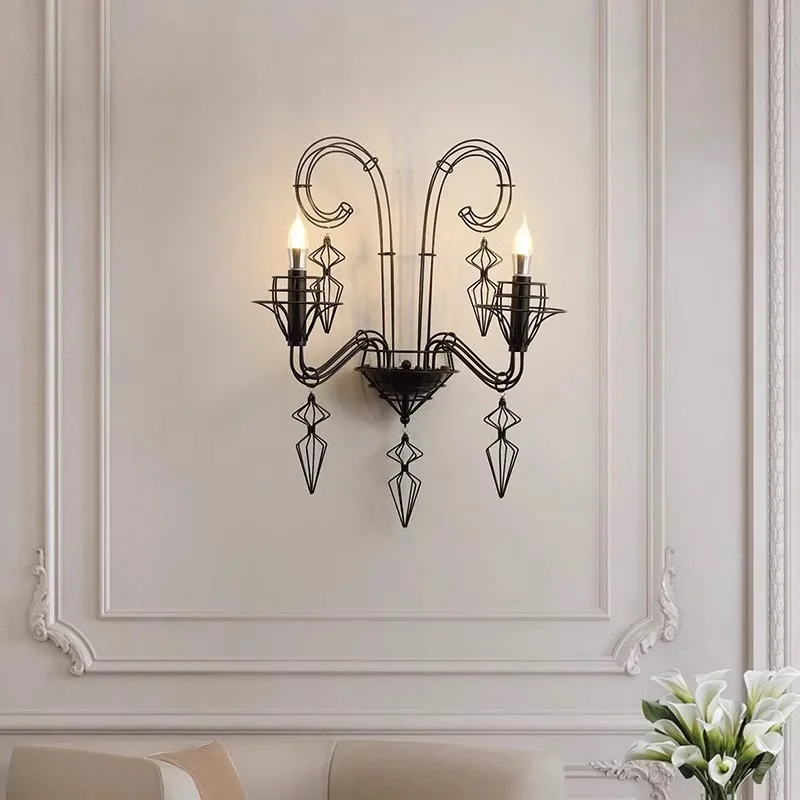French Retro Candle Wall Lamps Black Baroque Bedsides Art Designer Lighting Corridor Hotel Bedroom Indoor LED Wall Sconces Decor