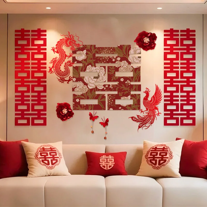 

Chinese Wedding Bedroom Decor Set Living Room & New Home Decor Bride & Groom Xizi KT Board Backdrop