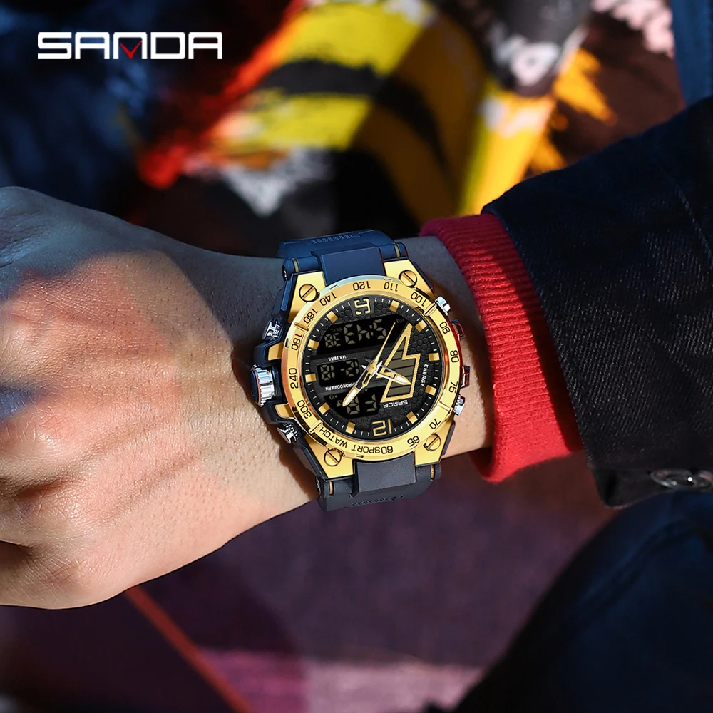 SANDA  6137 Waterproof Outdoor Sports Chronograph Hand Clock Trendy Fashion Men's Led Analog Digital Alarm Wrist Watches