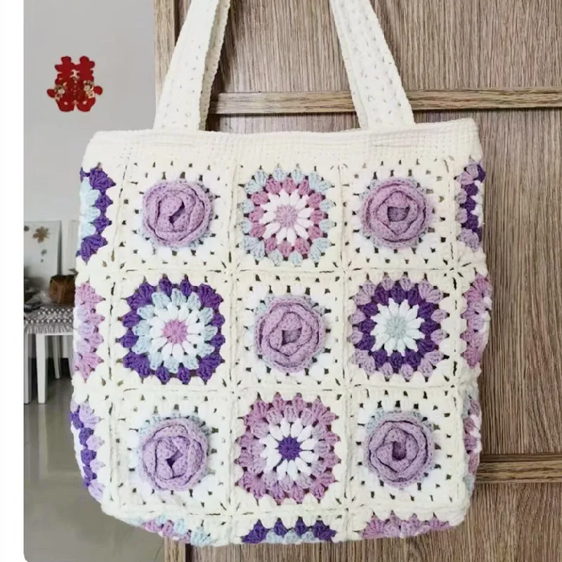 Handwoven beautiful flower shoulder bag, women\'s handbag with lining, shopping bag, storage bag, fashionable and generous