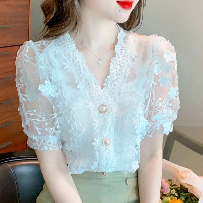 Elegant V Neck Stereo Flower Lace Chiffon Shirts Women 2023 Short Sleeve Tops Two-piece See Through Blouse Casual Sweet 27434