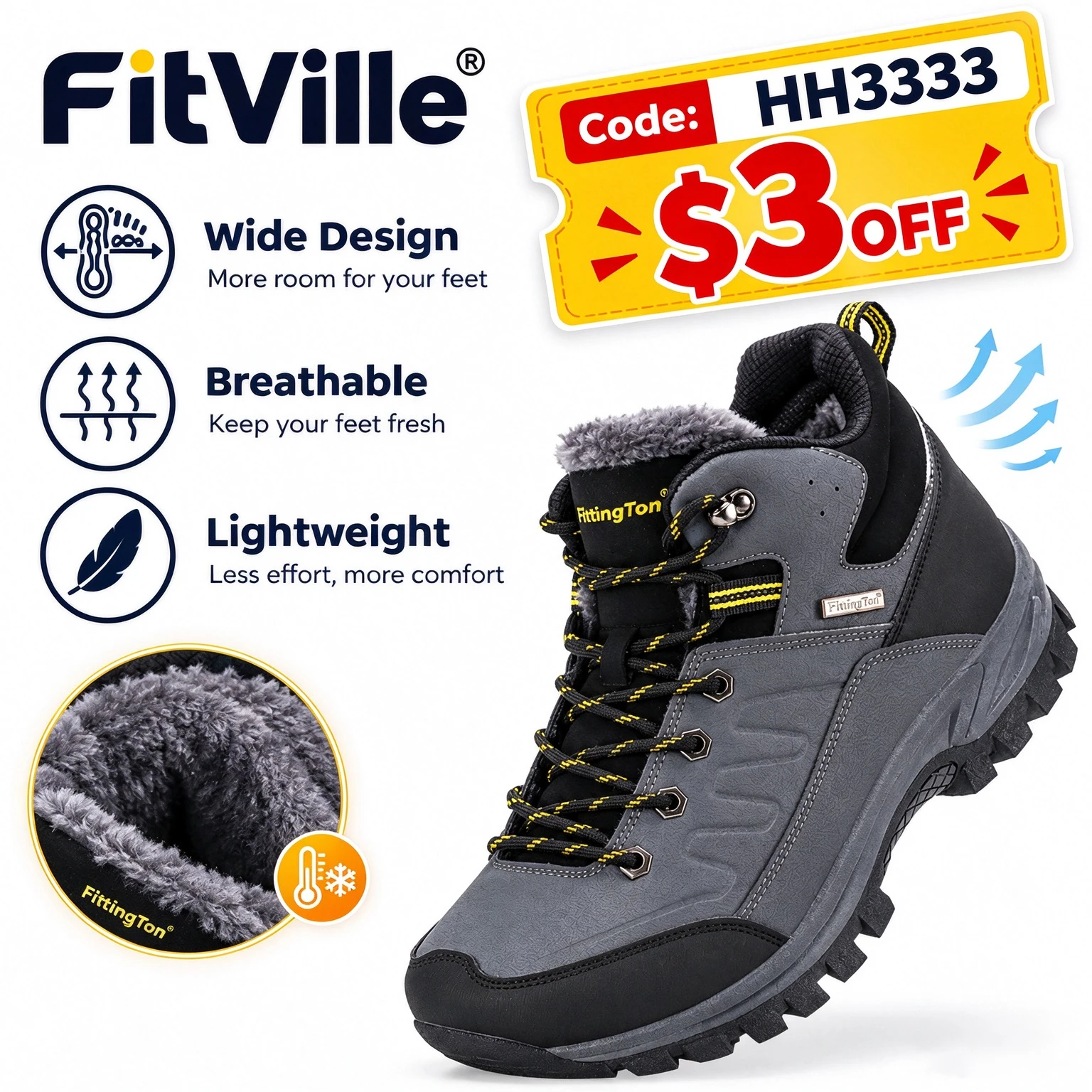 Fitville Men's Wide Snow Boots  Cold Resistant Winter Boots Thick Warm Fur Lined Lightweight Comfortable Anti‑Slip Outdoor Shoes