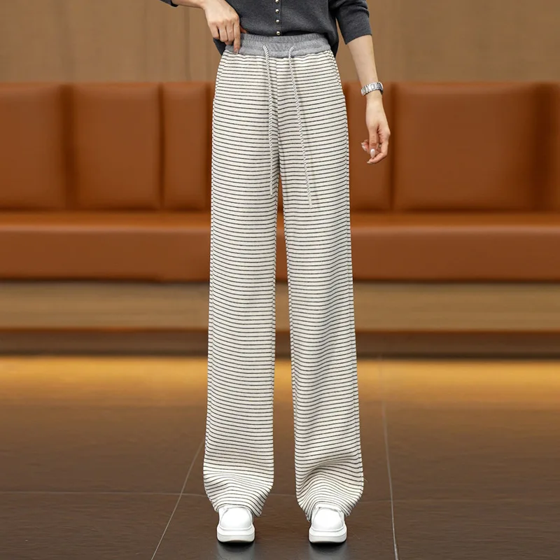 

Light Luxury Striped Woolen Casual Pants for Women, and Winter, Loose Fit, Relaxed, Hip-Covering, Floor-Length P