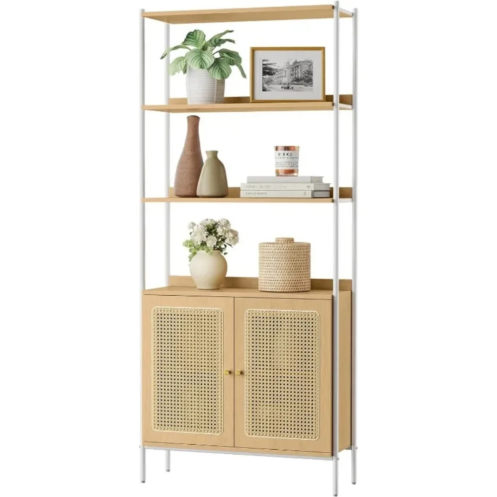 6-Tier Bookcase, Bookshelf with Rattan-Like Door, Boho Style, Freestanding 30.1-Inch Wide Storage Shelf, Metal Frame