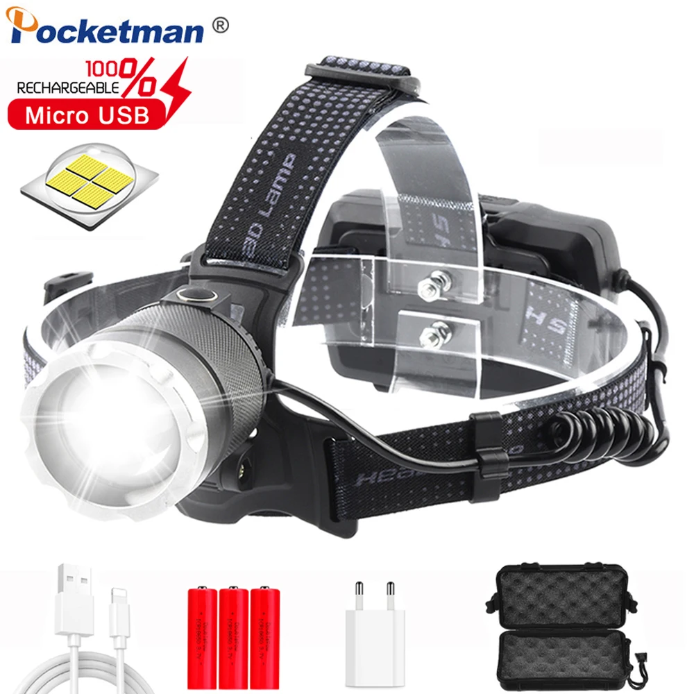 

Powerful XHP50 LED Headlamp USB Rechargeable Zoomable Headlight Waterproof Power Bank Fishing Head Flashlight Use 18650 Battery