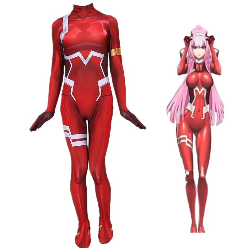Women sexy Zentai suit Zero Two cosplay costume bodysuit London in the Franxx 02 rode play jumpsuit Halloween costume set