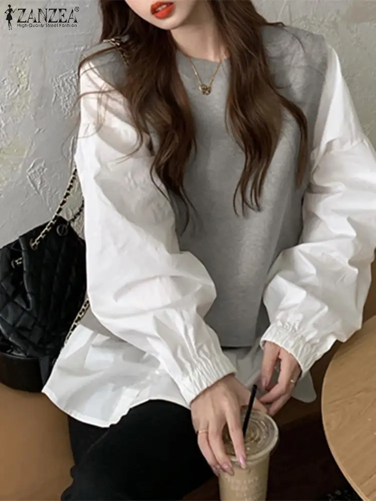 

Vintage Round Neck Patchwork Shirt ZANZEA Women Long Sleeve Blouse 2024 Spring Fake 2pcs Long Tops Casual Loose Tunic Blusas