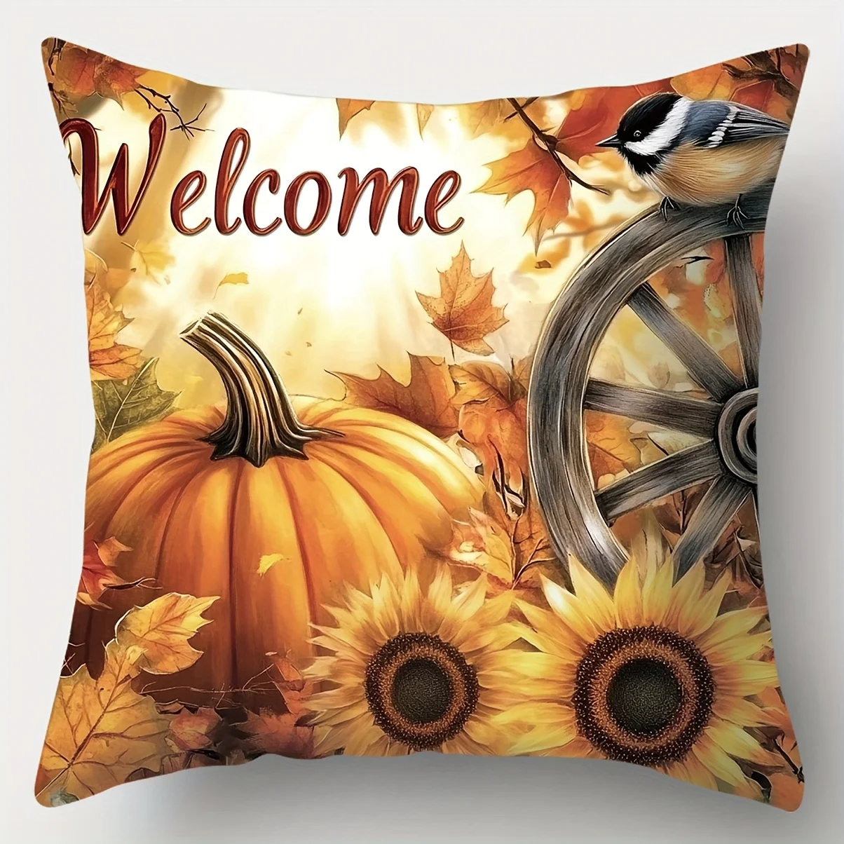 2D Flat-print Pillowcases,autumn Pumpkin Theme with Sunflowers, Chrysanthemums, Grapes, and Birds