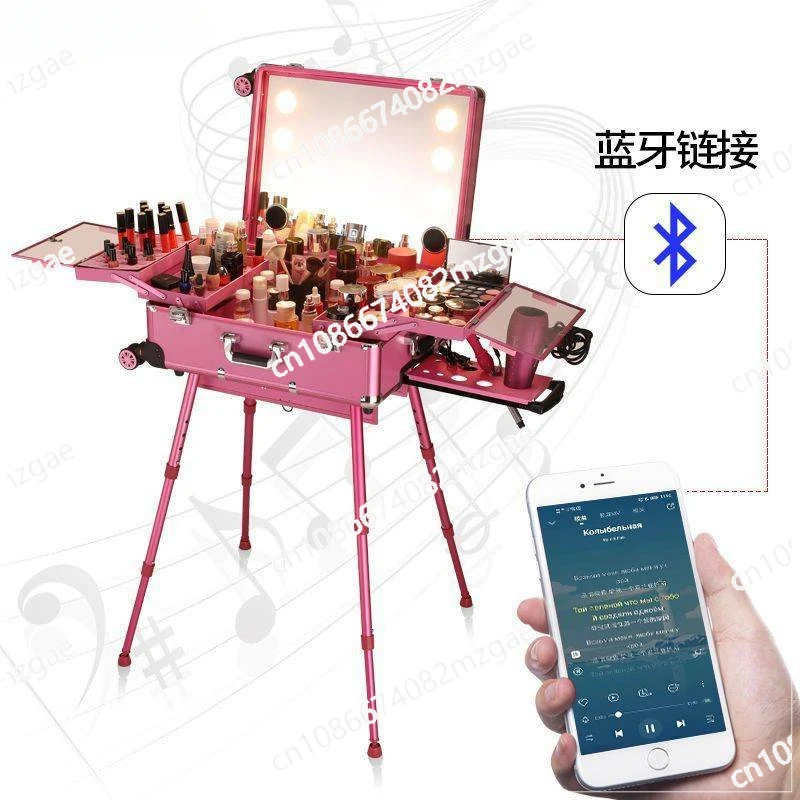 Multi functional Makeup Case with Light, Large Capacity Pull Rod Stand, Professional Follow Makeup Artist Handheld Portable Case