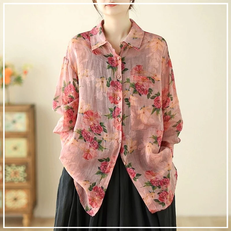 Retro Fresh Printing Montage Button Niche Sense of Design Versatile Show Off Weight Lapel Women's Long Sleeved Shirt Autumn 2024