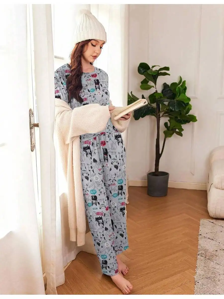Womens Long Sleeve Pajama Set With Pockets Soft Loungewear Sleepwear S-XXL