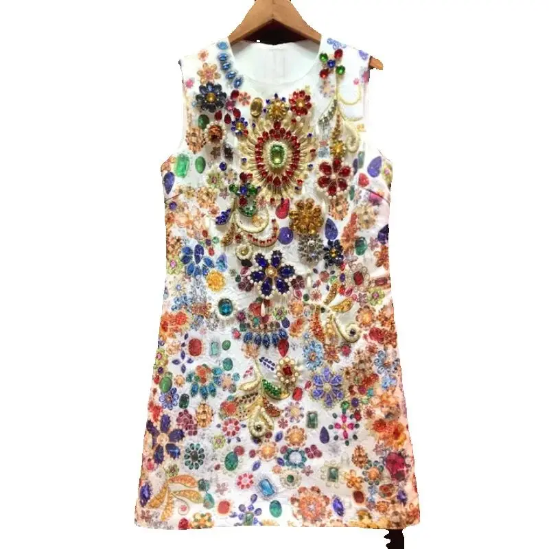 

Vintage Palace Printing Diamonds Bottoming Dress New Summer Women Sleeveless Tank Dress O-neck Elegant Luxury A-line Party Dress