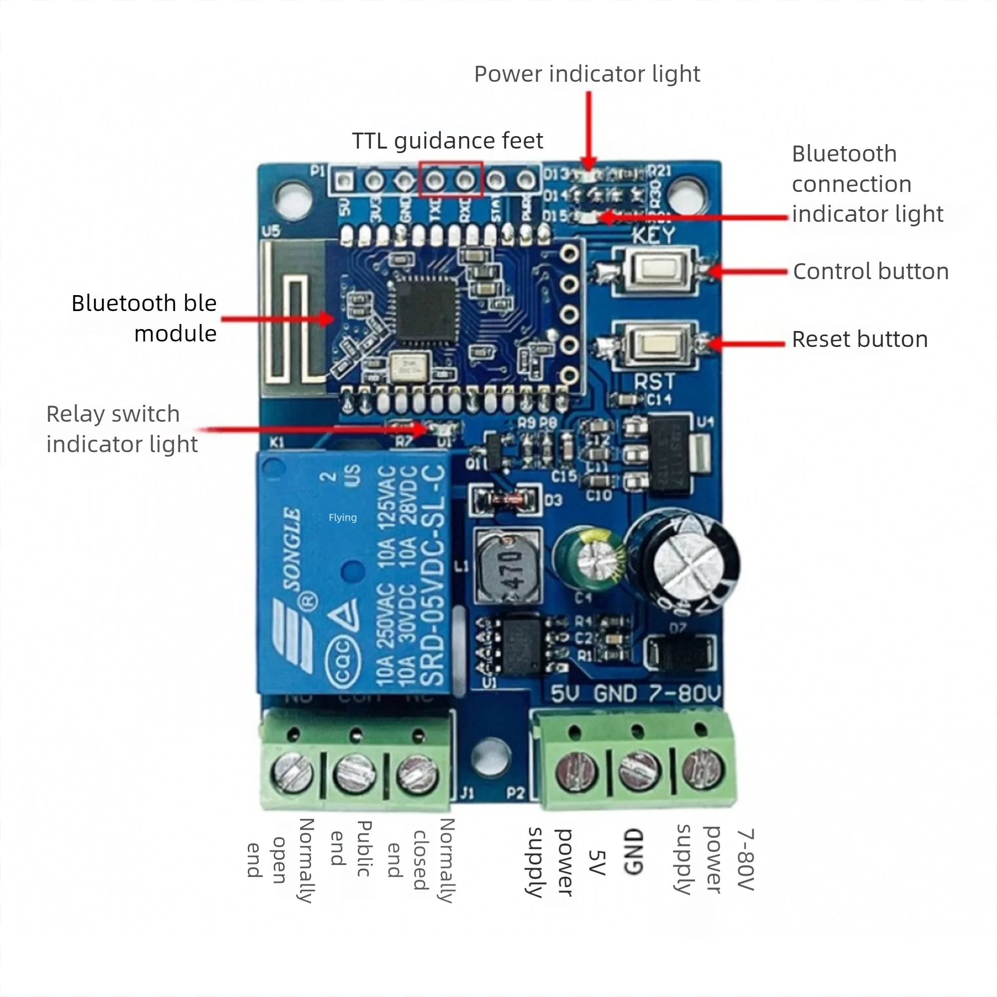 DC7-80V/DC5V 1 Way BT 5.0 BLE MESH Networking Mobile APP Remote Control Switch Relay Module with Diode Drain Protection