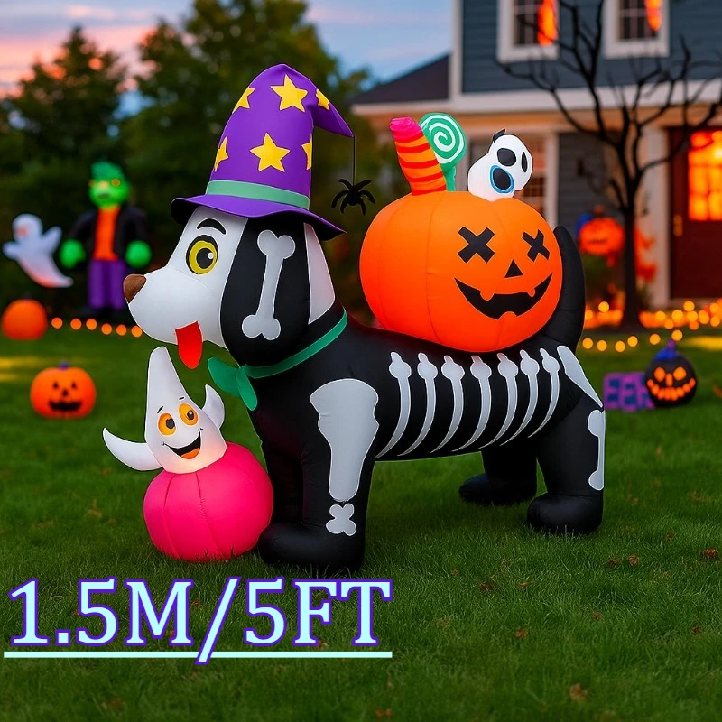 

v5FT Хэллоуин Вечеринка и праздник DIY украшения Скелет Собака с тыквой Светодиодная подсветка Выдувной газон Надувная модель Декор ужасов
