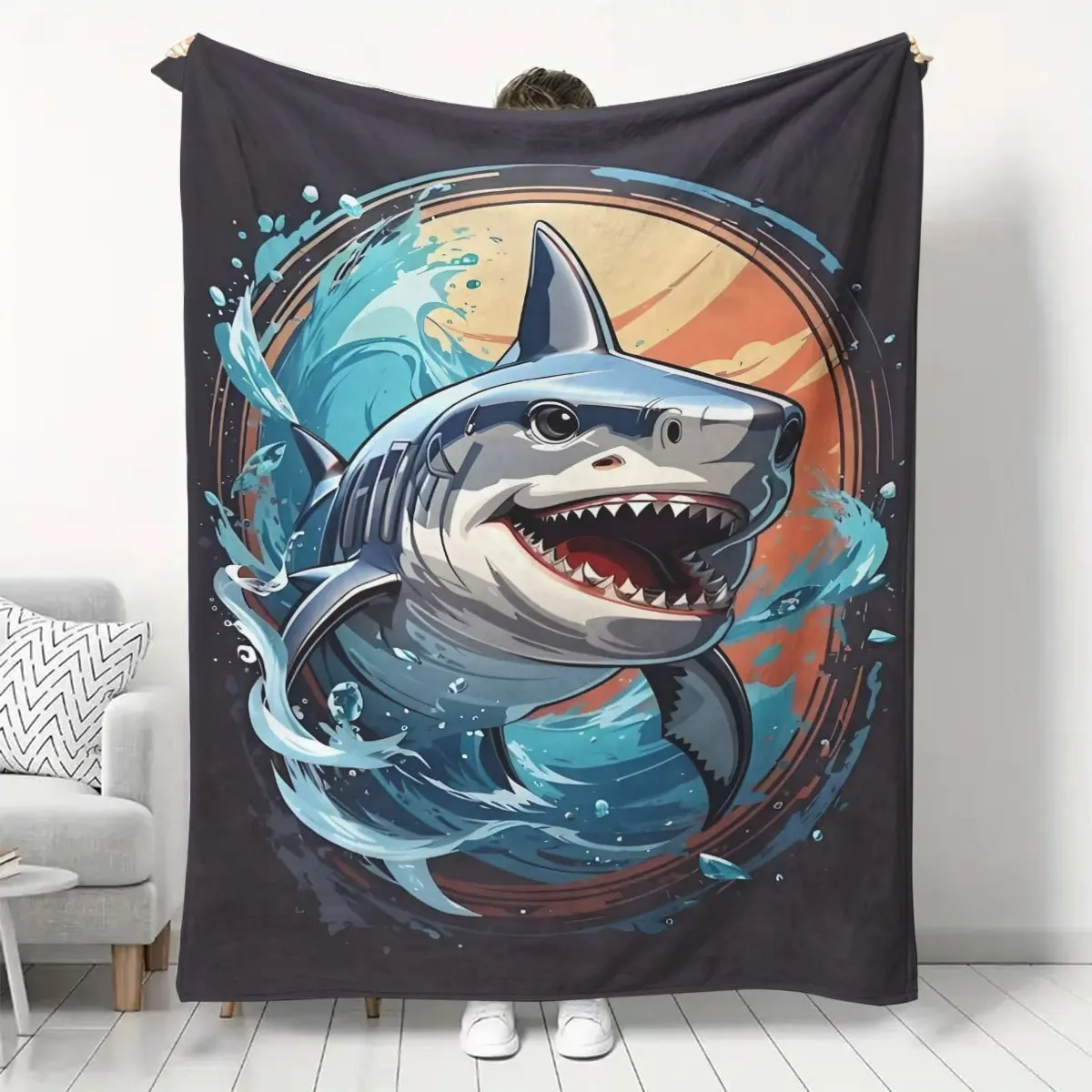 Cartoon Great White Shark Ocean Splash Print Flannel Blanket Soft Lightweight Throw Blanket Sofa Bed Bedroom Cool Marine Animal