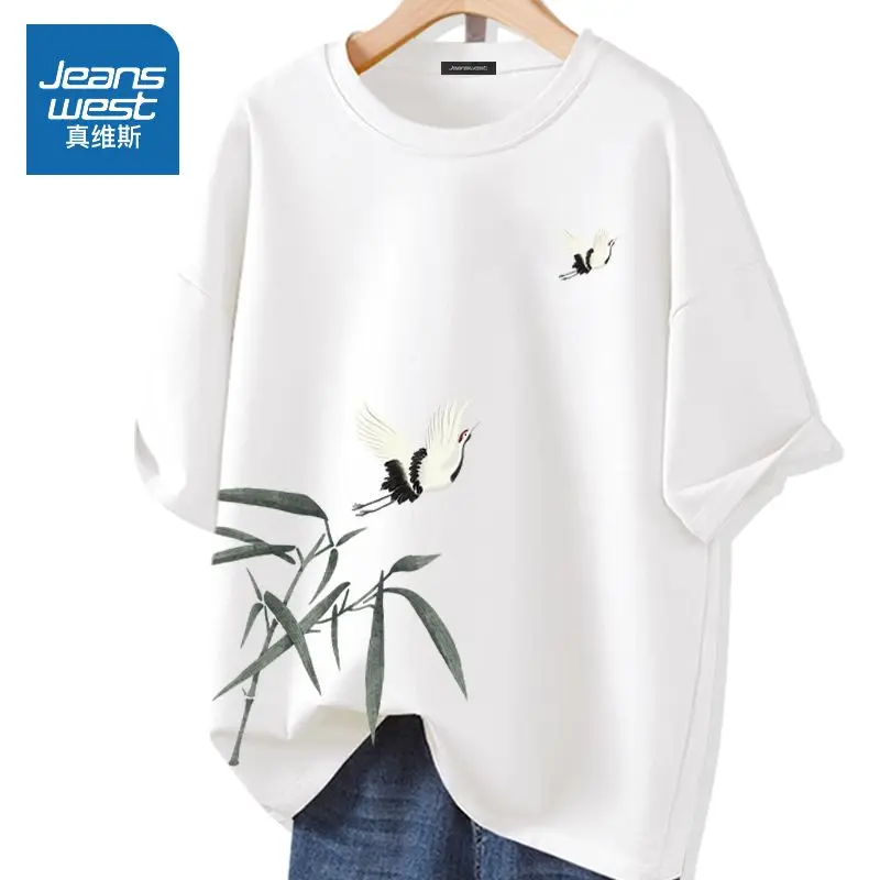 Women Casual T-shirt Summer Short Sleeve 100 Cotton Crew Neck Basics Pullover Lady Loose White Crane Printed Top Tees