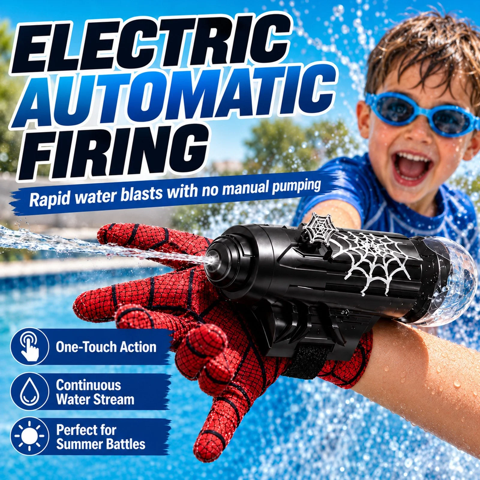 Electric Spider Water Gun Wrist Launcher 5m Auto Spray Rechargeable with Gloves Summer Pool Beach Gift for Kids Boys