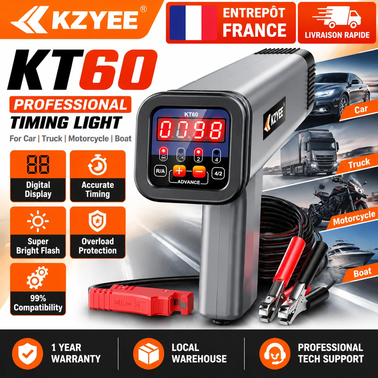 KZYEE KT60 Luce di sincronizzazione digitale per accensione 12V, tester induttivo per la regolazione del motore, tachimetro RPM, strumento per l'angolo di avanzamento per auto a benzina a 2 e 4 tempi