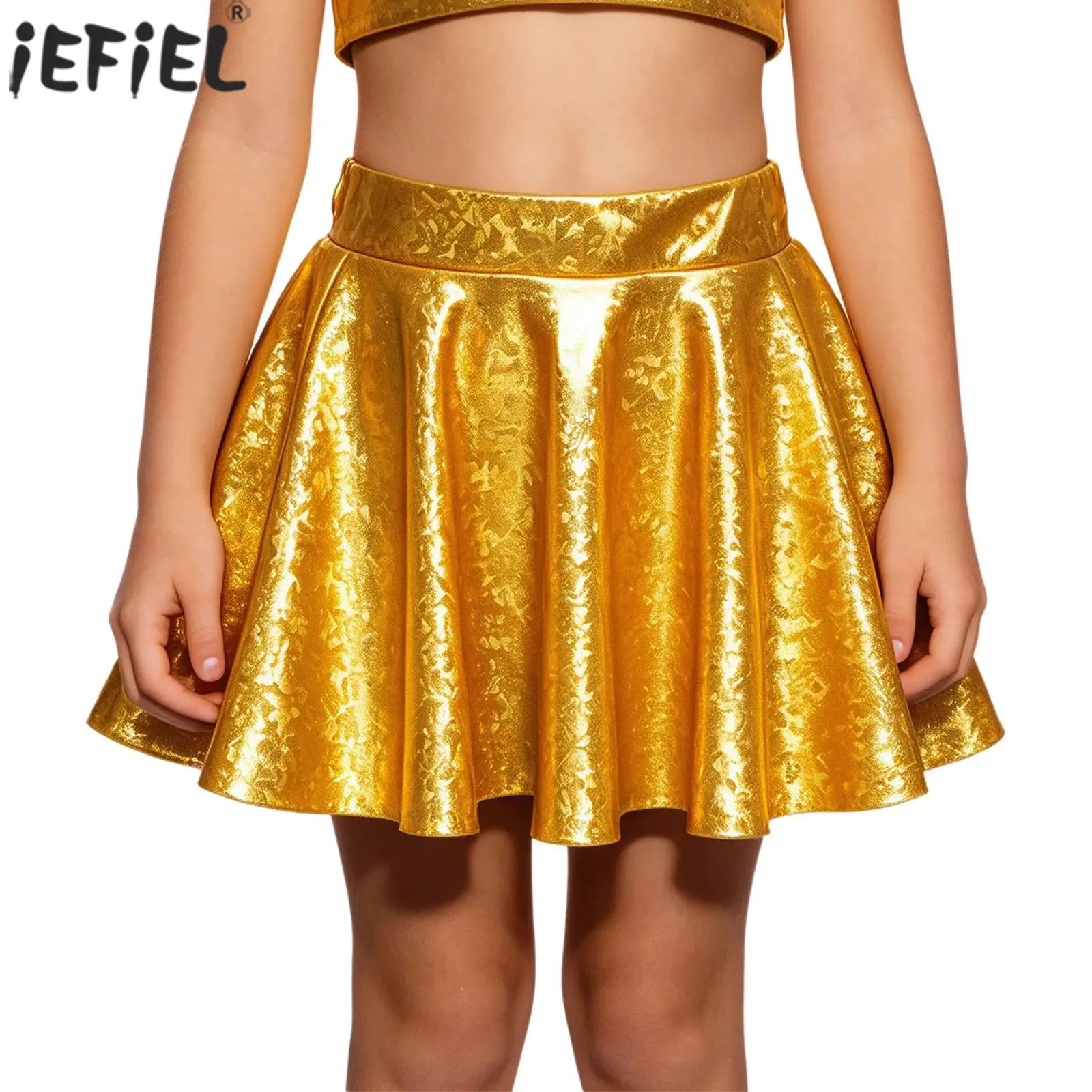 Kids Girls Metallic Ruffled Skirt Elastic Waistband Shiny Skirts Hip Hop Jazz Dance Performance Costume Cheerleading Dancewear