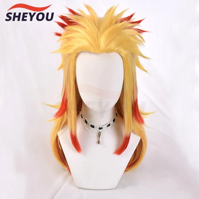2025 12 أنيمي Rengoku Kyoujurou شقراء أومبير تأثيري حلي الرجال النساء مقاومة للحرارة ذيل حصان خصلات الشعر المستعار + غطاء شعر مستعار