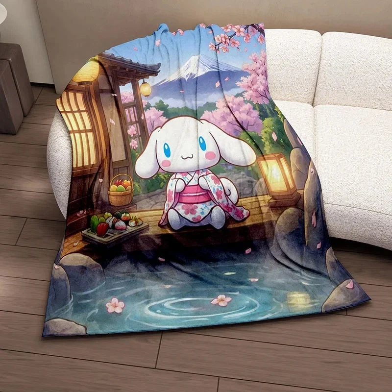 Cinnamoroll Flannel Blanket Cherry Blossom & Wooden Lantern Print, Warm All Season Throw Blanket For Teen Girls Bedroom Decor