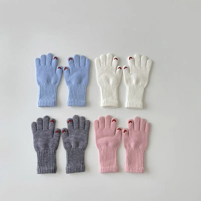 Winter Warm Children Long Gloves Solid Woolen Five Finger Glove Embroidered Love Kintted Mittens 4-8year Kids Touchscreen Gloves