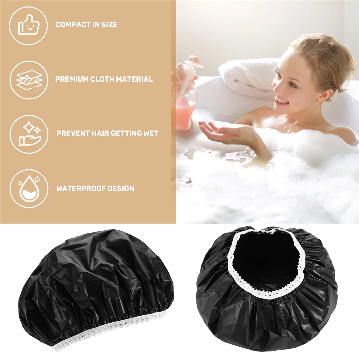 1Pcs Household Waterproof Shower Cap, Swimming Cap, Hotel Elastic Shower Cap Hair Set (Black) HOT