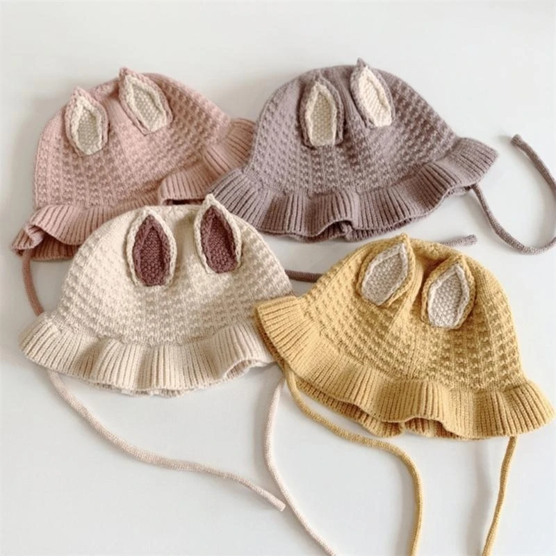 

J15U Adorable Rabbit Ears Knit Bonnet Cartoon Cosy Newborn Photo Beanie Cap for Girls
