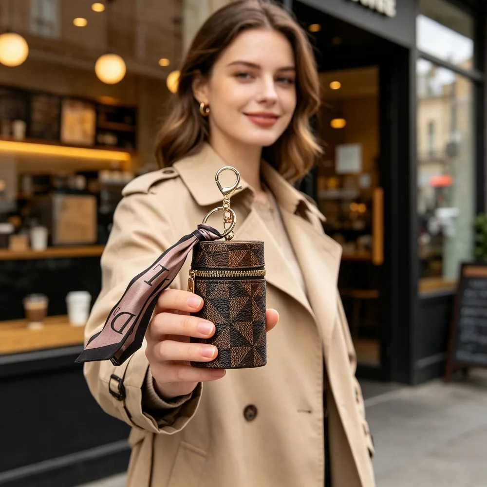 Elegant Silk Scarf Decor Mini Cylinder Pouch, 1 Pack, Mud Color, 10*5cm, PU Leather Earbud Case & Lipstick Purse with Detachable Key Hook