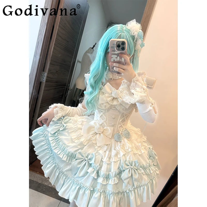 

Green Ballet Style Lolita Dress for Women Summer JSK Birthday Formal Dress Female Sleeveless Bow Design Princess Cake Dress