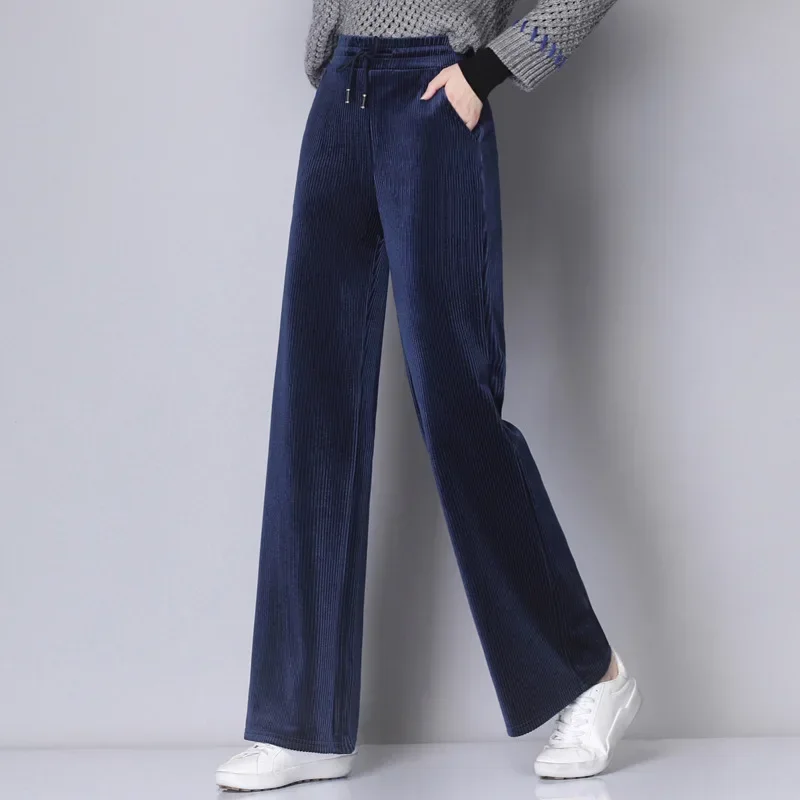Pants for Women in Autumn and Winter, Loose Straight Leg Casual Pants with Dripping Feel, Large Striped Velvet Pants