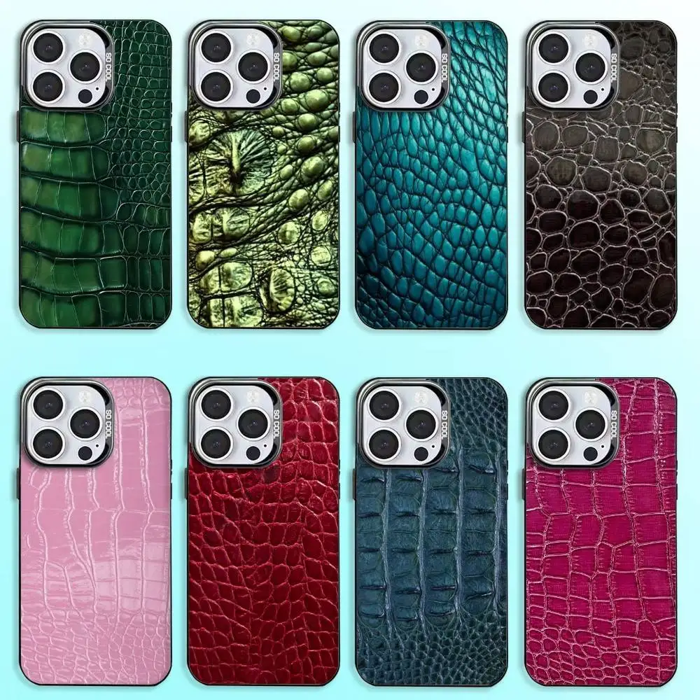 

Crocodile Pattern Print Phone Case For iPhone17,16,15,14,13,12,11 Plus,Pro Max Colored Silver Plated Inside Cover