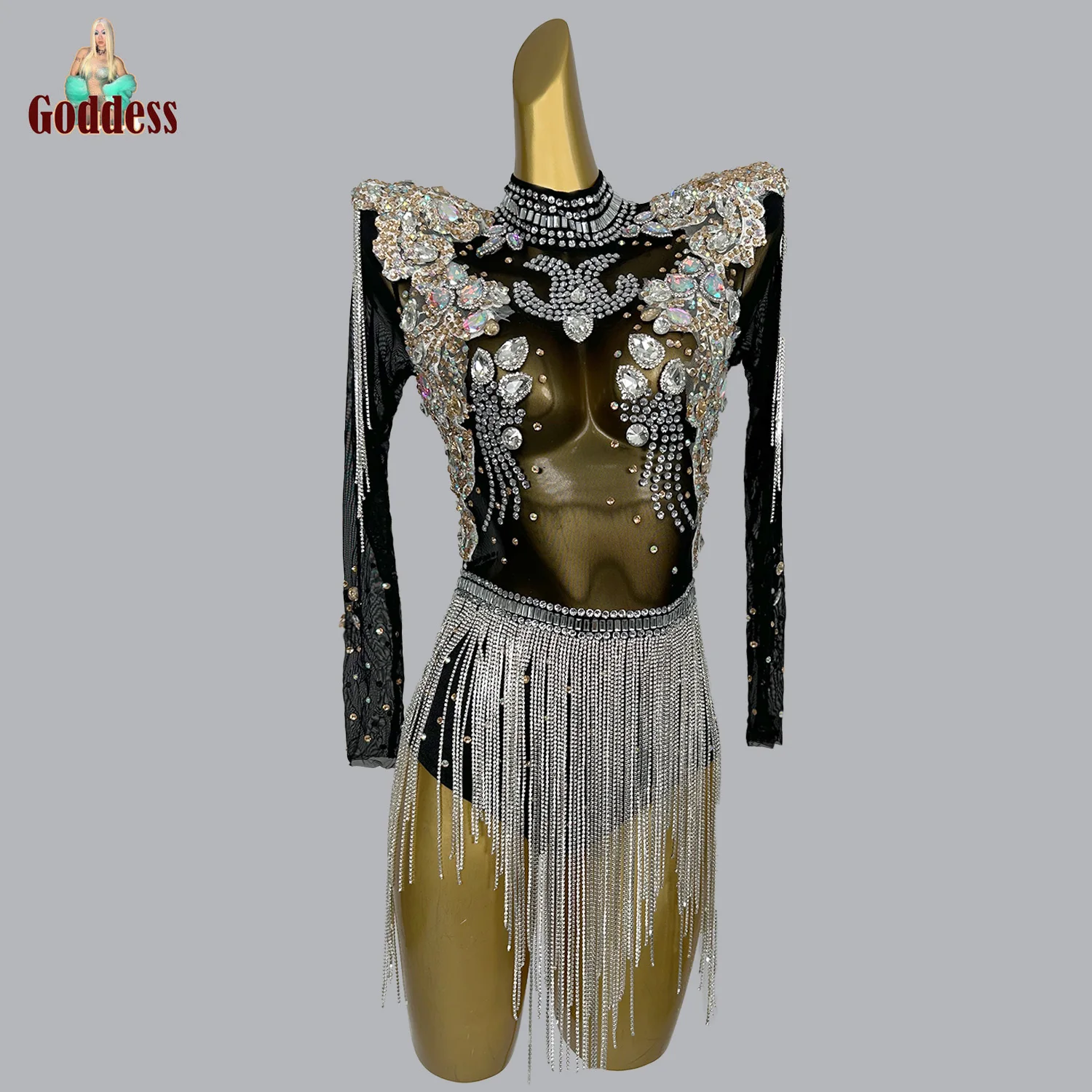 

Sequin Rhinestone Fringes Chains Leotard Sexy Dance Bodysuit Latin Dance Pole Costume Stage Party Club Dancer Performance Outfit