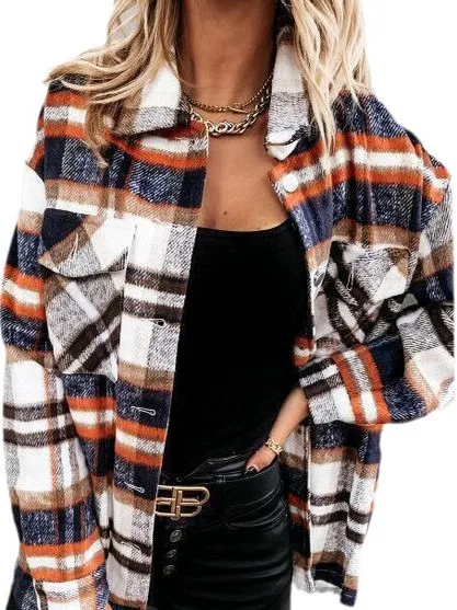 

Women's Loose Comfortable Long Sve Plaid irt Spring Commute Sle Cotton Fabric Top Faionable Cheered Print