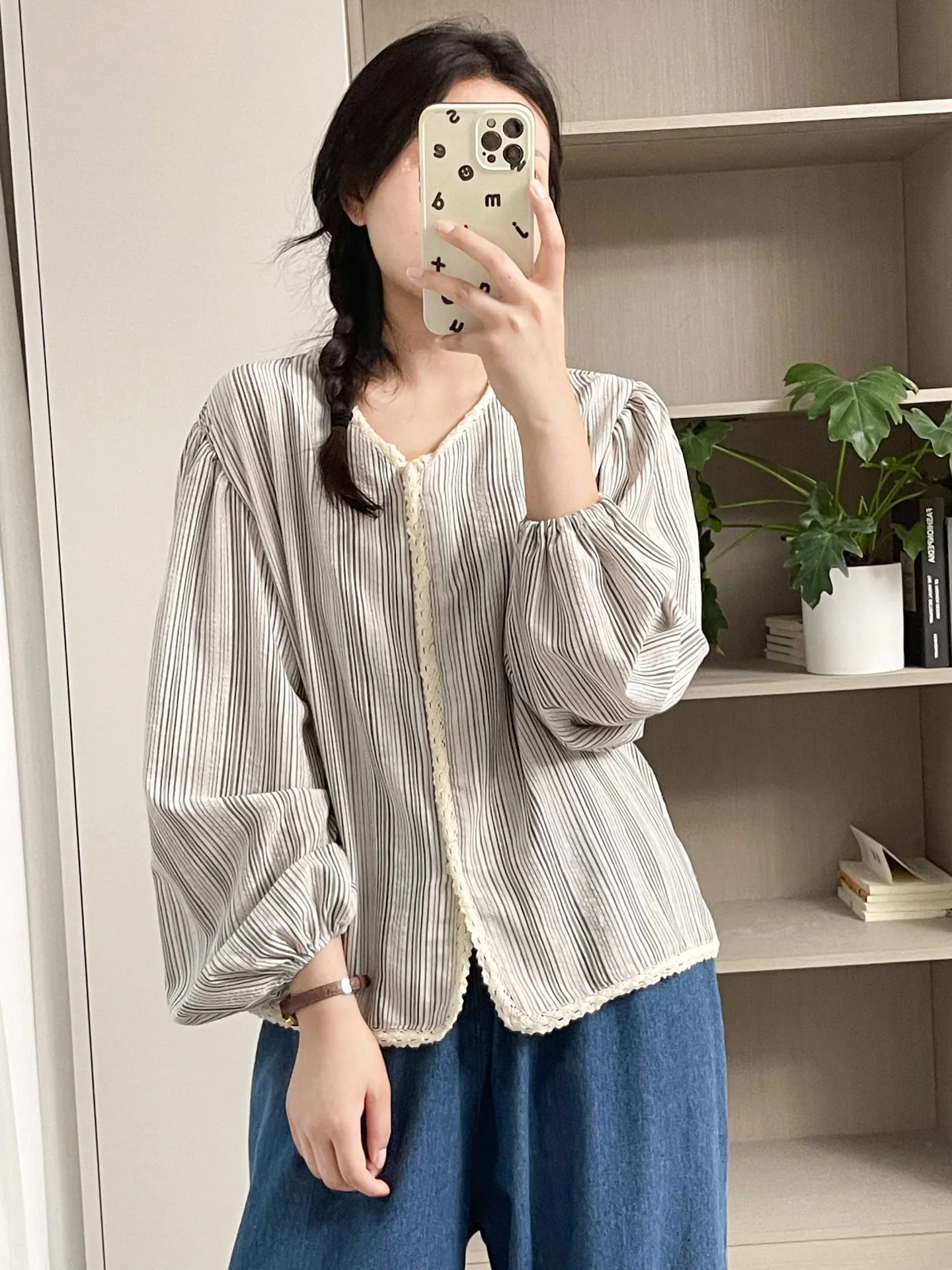 

New Spring Cotton Casual Fashion Shirt Women Lantern Sleeve Striped Tops Girl Loose Simple Retro Blouses 2024 Summer T43854QM